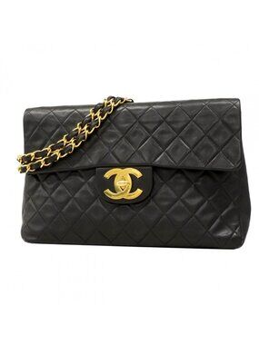 Chanel Shoulder Bag Big Quilted Lambskin Black Gold